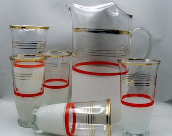 Vintage Art Deco Macbeth Evans Frosted Pitcher and Footed Tumblers Set Mid Century Orange Red,  Corning