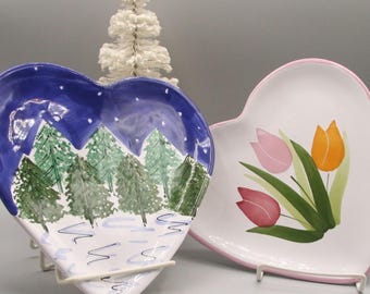 Vintage Handmade Heart Pottery, Pine Trees, Winter Stars, Polka Dot Hearts Hungary