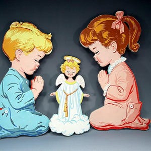 Vintage Mid Century 3 Piece Praying Girl Boy Kids Angel Nursery Wall Plaster Art Decor