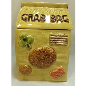 Vintage Grab Bag Cookie Jar with Leather Handle Japan Ceramic Gift