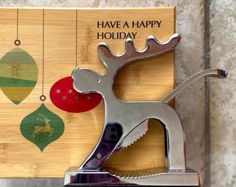 Vintage Stainless Steel Reindeer Nutcracker Wood, Have A Happy Holiday, with Ornaments, Hostess Gift Boxed