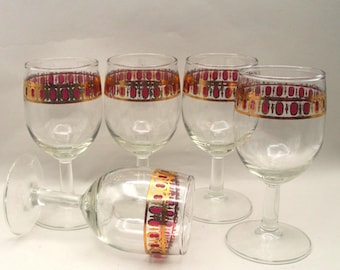 5 Vintage Culver Cranberry Scroll Panel Wine Glasses MCM 22KT Gold Trim 5 Inch, Ruby Red