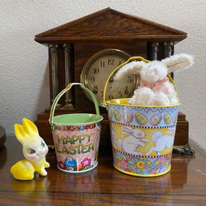 Vintage Mary Engelbreit Happy Easter Bunny Egg Tin Buckets, RARE Michel 1998, and Flocked Yellow OR Mini White Plush Boyds White Rabbit