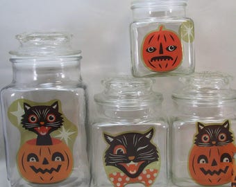 5 Vintage Halloween Canisters Apothecary Jars with Beistle Style Vinyl Window Clings Jack O Lanterns, Black Cat UPCYCLED