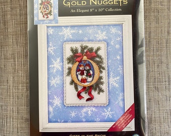 DIY KIT Christmas Gifts in the Snow Counted Cross Stitch  Snowmen, Ornament, Kathryn White Holiday Decor 2003 Gold Nuggets Dimensions 8718