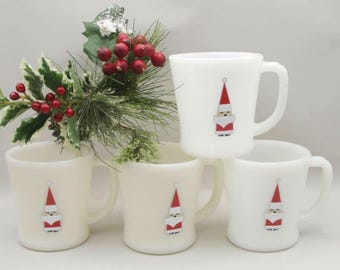 Vintage FIRE KING Mugs Cups Holt Howard Style Santa Claus Milk Glass ALTERED Christmas Mid Century Decal Upcycled