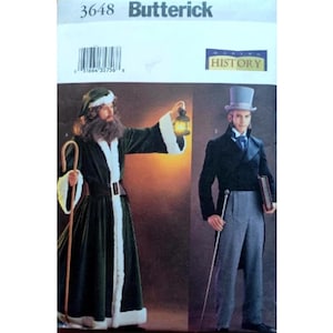 May include: Butterick pattern 3648 Making History sewing pattern envelope featuring two costumes. One is a dark green velvet robe with white faux fur trim, a matching hat, and a wooden staff. The other is a black tailcoat, gray trousers, and a top hat.