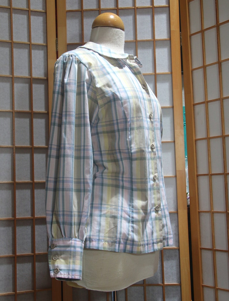 Vintage Size 12 JG Hook Plaid Shirt Blouse Pastel Handmade Pussy Bow 1980s image 6