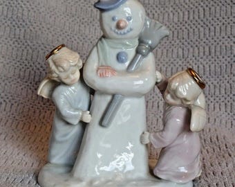 Vintage Porcelain Snowman and Angels RUSS BERRIE Figurine, Gold Halos, Pastel Pink Blue