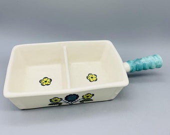 Vintage Metlox Poppytrail Blueberry Provincial Handled Cups and Saucers OR Divided Vegetable Bowl Vernon California Turquoise 1960s USA