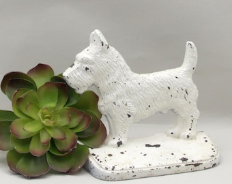 Vintage Bookend Scotty Dog White Cast Iron Desk Accessories, Scottish Terrier, Door Stop