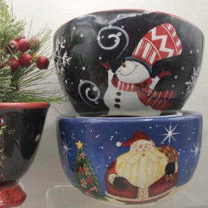 Vintage Christmas Becca Barton, Jeffery Allen Bowls Santas Workshop Snowman Rocking Horse, Stocking, Candy Canes