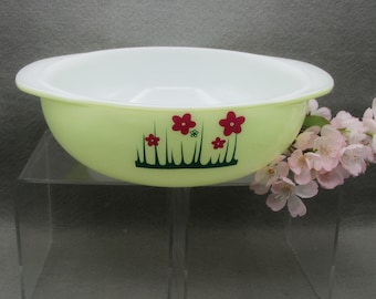 Vintage ALTERED Pyrex 024 Lucky in Love Casserole,  UPCYCLED with DECALS Lime Green Dish Bowl with Handles