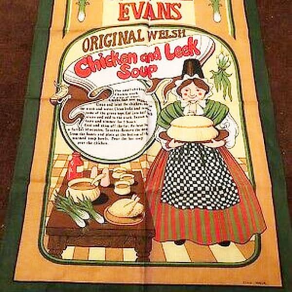 Vintage Clive Mayor Gwyneth Evans Welsh Vista Tea Towel, Chicken and Leek Soup Recipe Cotton Wales, Great Britain, England, English