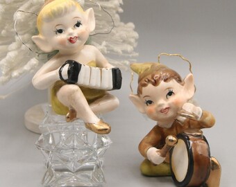 Ángel hada Pixie de Ucagco, estilo vintage de mediados de siglo, adornos navideños con clip para árbol de Navidad, acordeón de baterista, Japón