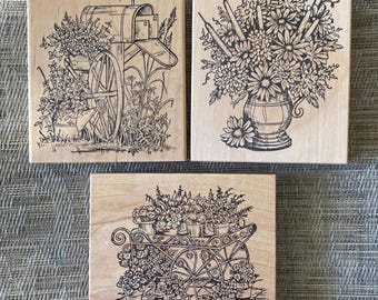 DIY Vintage  Autumn Cattails Vase, Floral Mailbox Scene, Iron Flower Cart, Northwoods Rubber Stamps, Jean Arneson 4x5 CHOICE 1990s