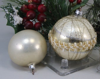 2 Vintage West German Victorian Wire Wrapped Christmas Ornaments, Gold, Silver, Handblown