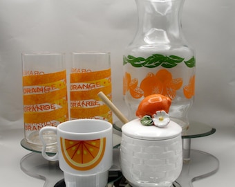 Vintage Orange Peel Tumblers, Honey Blossom Jam Pot Jar, Juice Carafe Wide Mouth Pitcher, Slice Mug Cup Brunch