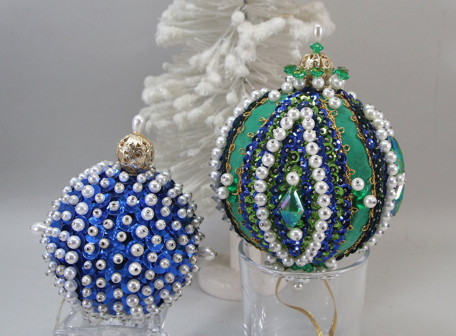Pair Vintage Handmade Beaded Christmas Ornaments Sequin Fancy Etsy
