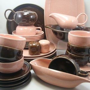 MCM Russel Wright Salt Pepper, Cups Saucers, Sugar Bowl, Creamer Steubenville Pink Coral Black Chutney Brown American Modern