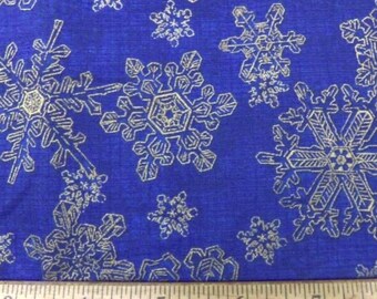 Ozark Christmas Fabric, Metallic Gold Snowflakes, Cobalt Blue Cotton Sewing Material
