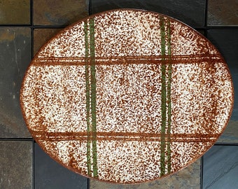Vintage Blue Ridge Platter, Southern Potteries Plaid, Green Brown Spongeware, Mid Century 14 Inch