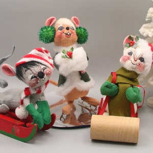 Vintage Annalee Sledding Mouse Toboggan Mice Hand Painted Poseable Dolls 1980s, 1990s Christmas Mobilitee