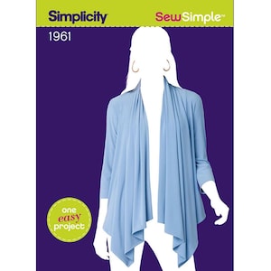 May include: A light blue cardigan with three-quarter sleeves and a draped front. The image features the text "Simplicity" and "SewSimple" at the top, with the number "1961" below. A circular sticker reads "one easy project".