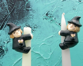 Par de ratones de cerámica vintage para sujetar velas de brujas de Halloween, hechos en Taiwán.