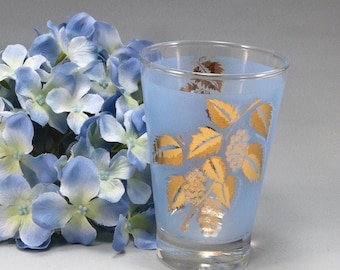 Vintage Frosted Blue Gold Leaf, Juice Bar Glass, with Grapes Libbey 4 Inch