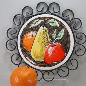 MCM Fred Press Signed Trivet Fruit Ceramic Wrought Iron Vintage Apple, Pear Orange, Mid Century Modern
