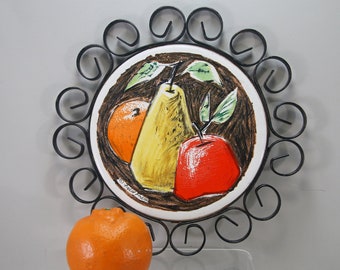 MCM Fred Press Signed Trivet Fruit Ceramic Wrought Iron Vintage Apple, Pear Orange, Mid Century Modern