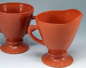 Vintage Hazel Atlas Moderntone Ovide Sierra Creamer and Sugar Set, Platonite, Burgundy, Rusty Red, Maroon