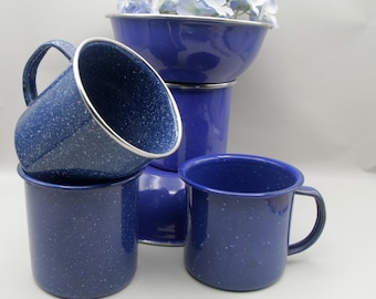 6 Vintage Blue Enamel Ware Cereal Bowls and Coffee Cups Speckled Mismatched