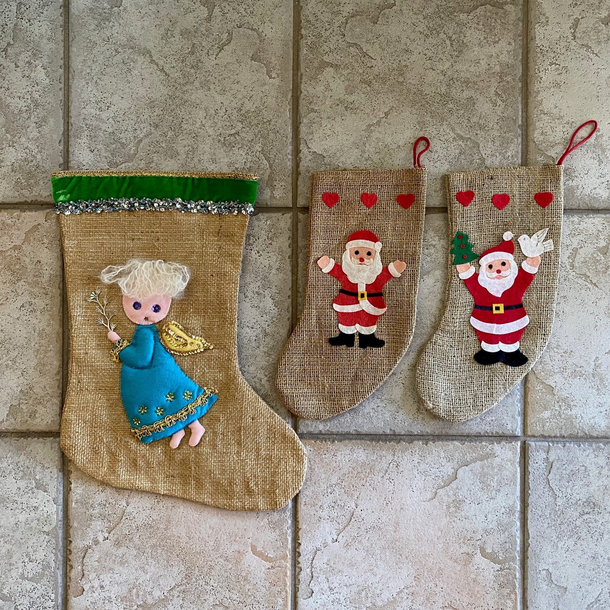 Vintage Handmade Mid Century Burlap Felt Christmas Stocking Santa With  Hearts, Angel With Tree Natural Jute 