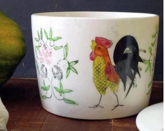 Vintage PY Ucagco Rooster and Roses Grease Jar Crock Butter Dish, Early Provincial, Royal Sealy Japan