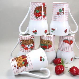 6 Vintage MANN Les Fruits Tall Cups Mugs 1981 Watermelon, Raspberries, Strawberries, Apples Fine China, Japan