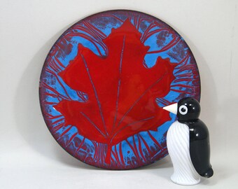 Vintage Handmade Enamel on Copper Leaf Dish, Red Blue Signed Art