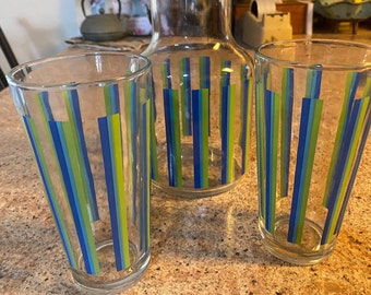 2 Vintage Tumblers Glass KIG Striped Blue Green Indonesia