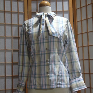 Vintage Size 12 JG Hook Plaid Shirt Blouse Pastel Handmade Pussy Bow 1980s image 1