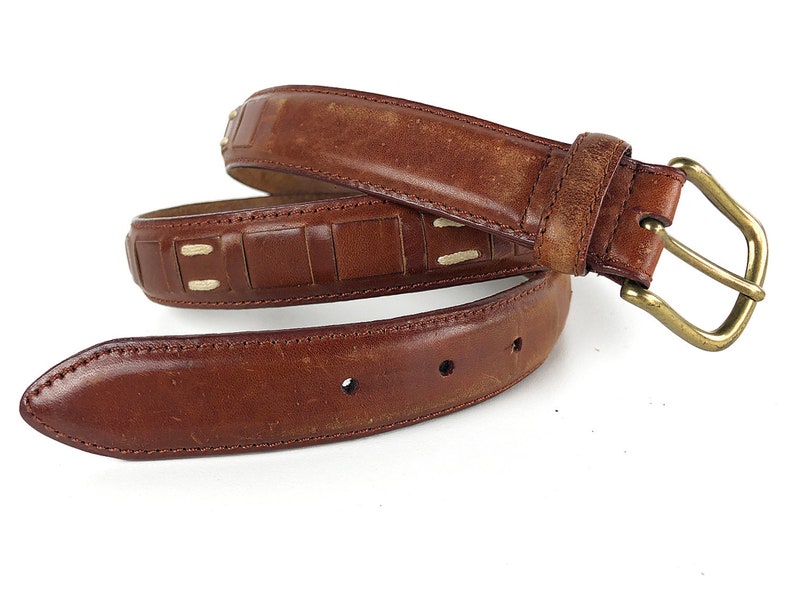 70s Tawny Leather Belt Woven Belt Distressed Leather Belt Size 44 Boho Hippie Belt with Weave /& Stitch Accents and Golden Brass Buckle
