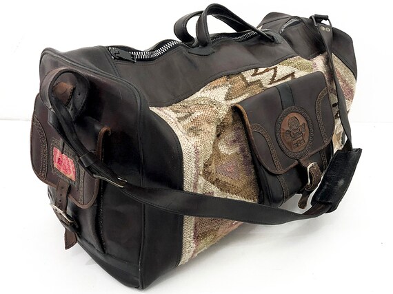 Cowichan Kilim Bag Leather & Fabric Duffel 70s Vin