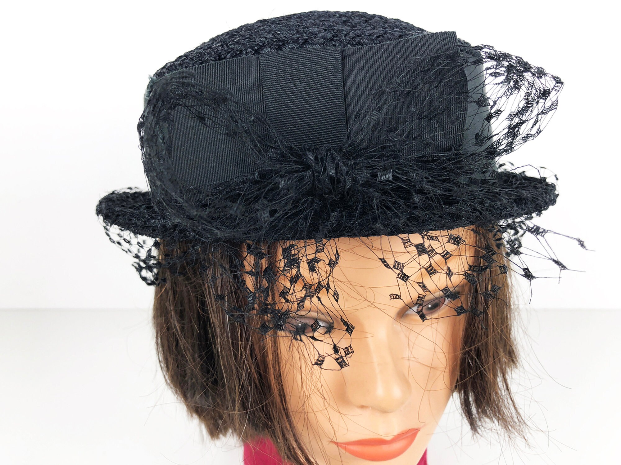 40s Straw Boater Hat Black Lace Bow & Veil Vintage Everitt Etsy