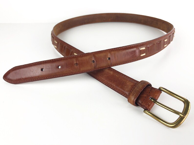 70s Tawny Leather Belt Woven Belt Distressed Leather Belt Size 44 Boho Hippie Belt with Weave /& Stitch Accents and Golden Brass Buckle