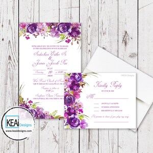Purple Flowers Invitation and RSVP set // Purple Flowers Invite and RSVP // Destination Wedding Invitation and RSVP / Wedding - KEAiDesigns