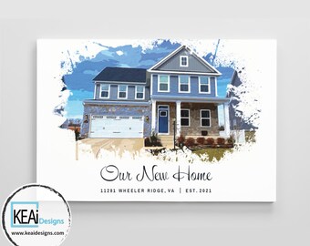 New House Gift // Realtor gift to clients // Housewarming Gift // Custom Watercolor Art on Canvas // Personalized House Art  - KEAiDesigns