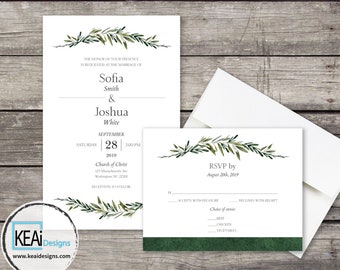 Olive Leaves Invitation and RSVP set // Olive Leaves Invite and RSVP // Olive Destination Wedding Invitation and RSVP / Wedding- KEAiDesigns