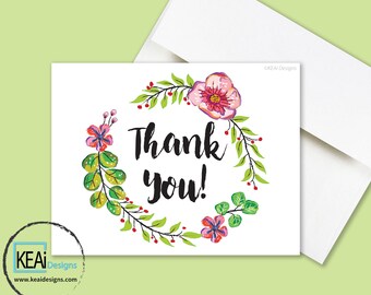 Floral Thank You Card / Flower Wreath Thank You Card / Thank You Card / Thank You stationary / Wedding Thank You Card / Wedding- KEAiDesigns