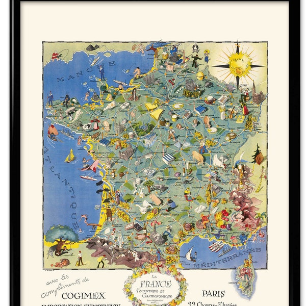 Vintage Food of France Map - French Food Tourist Map - European Map - Food Art - Food Print - Tourism Print Office Decor Map Art VP1225