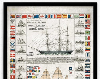 Sailing Ships and Flags Vintage Print - Ships Poster - Ship Sailing Art - Office Decor - Office Art - Home Decor - Nautical Science